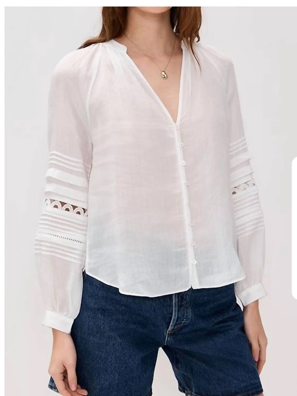 New Veronica Beard White Ailani Top V-Neck Button Blouse Ramie Long Sleeve Lace